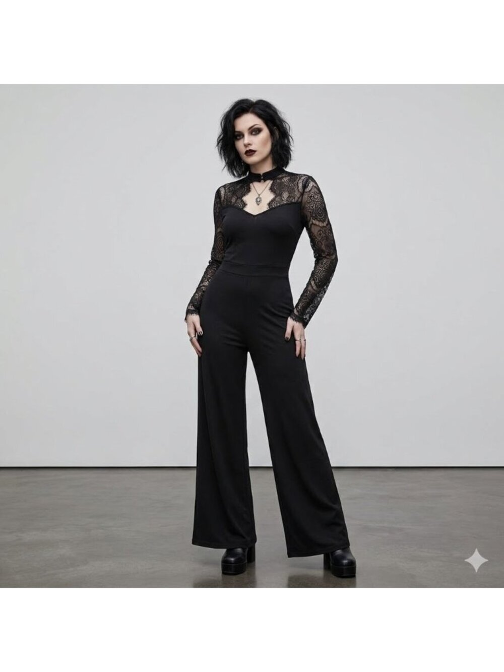 Rosegal Jumpsuit NWT Plus Size 2XL Black Eyelash Lace LS Wide Leg Evening Party
